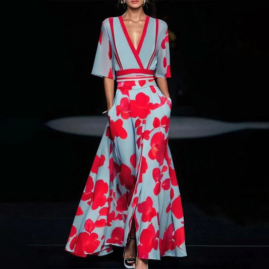 V-Neck Split Short-Sleeved Summer Dress Fashion Flower Print A-line Long Dresses Party Club Beach Clothing For Women