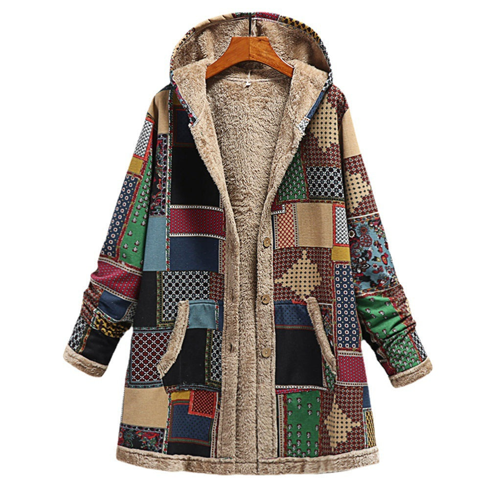 Boho Patchwork Hoodie – Cotton & Linen Plush-Lined Coat