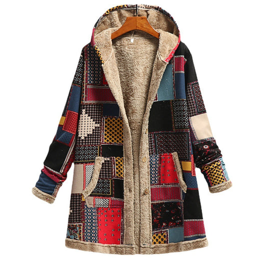 Boho Patchwork Hoodie – Cotton & Linen Plush-Lined Coat