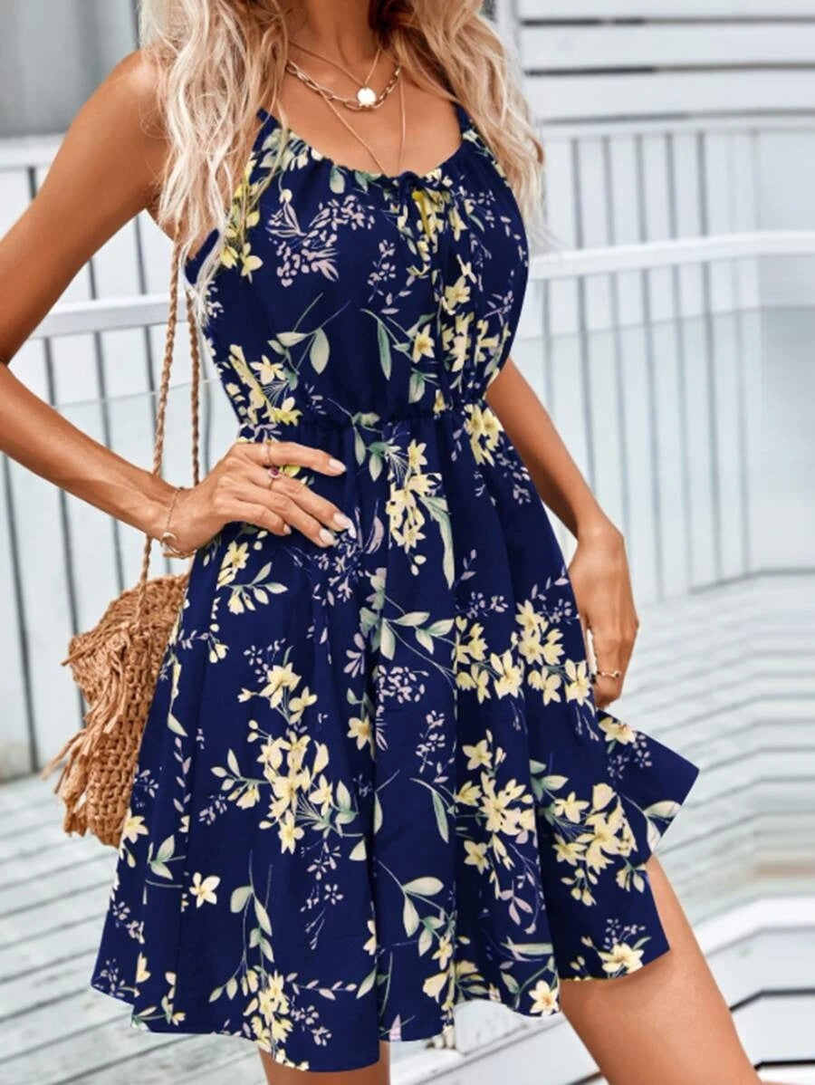 Floral Print Summer Dress With Elastic Waist Design