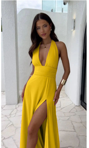 Sexy Halterneck V-neck Slit  Summer Dress Backless Strappy Skirt