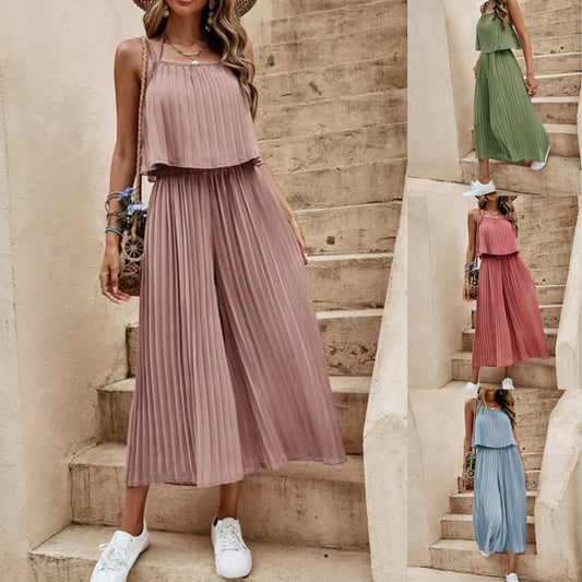 Women's Summer Dress Solid Color Vacation Loose Suit Strap Backless Thin Romper Streetwear